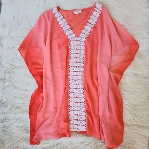 Coral Orange Cover Up Crochet Batwing Kimono Cape